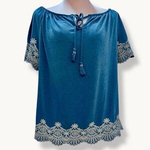 Embroidered Peasant Blouse Blue White Boho Summer Top Size Large
